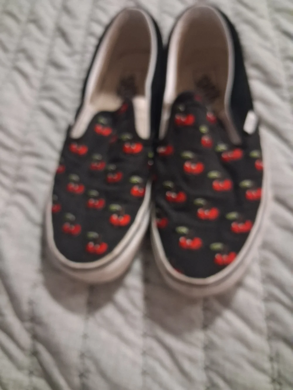LadiesBlack Slip-On Shoes with Red Cherry Print Vans